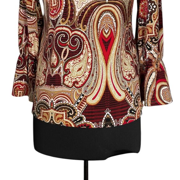 Chico's Women's Blouse Paisley Stretch Boho Retro Artsy Bell Sleeve Top 0 US S/4 - Picture 7 of 8